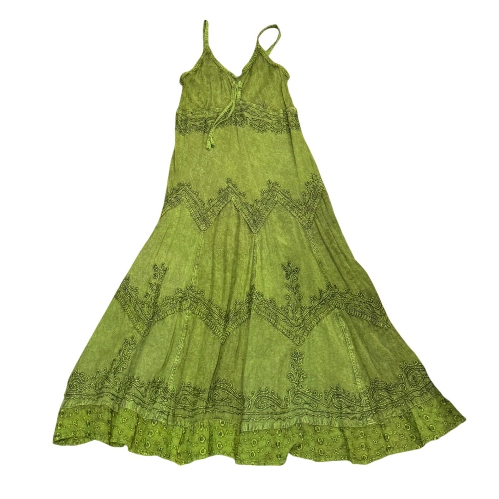 Sakkas Lime Green Embroidered Boho Maxi Dress Smocked Back S/M Cotton Rayon